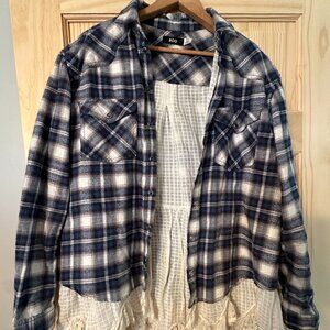 BDG Urban Outfitters Blue And White Plaid Flannel Lace Petticoat Shirt Size Sm